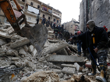 Syrian Civil Defense workers and security forces search through the wreckage of collapsed