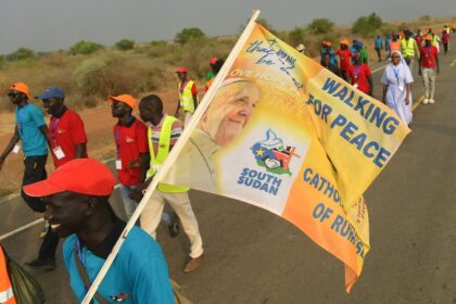 About 60 young pilgrims and spiritual leaders made a 400-kilometre (250-mile) trek from the central town of Rumbek to Juba