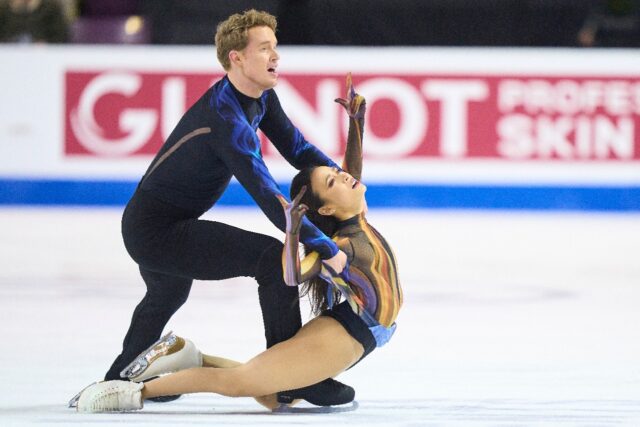 Americans Madison Chock and Evan Bates in their free dance on the way to a third ice dance