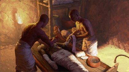 An artist's impression of ancient Egyptians embalmers carrying out the mummification proce