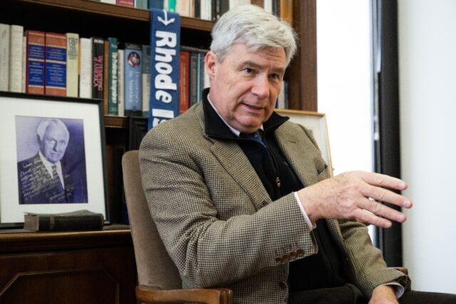 Democratic Senator Sheldon Whitehouse is interviewed by AFP on February 16 2023 as he pre