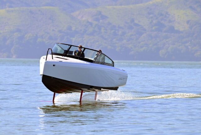 French sailor Tanguy de Lamotte, CEO of Candela US, drives the company's "flying" electric