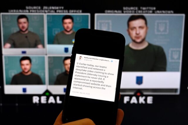 A phone shows a statement from the head of security policy at Meta in front of a fake vide