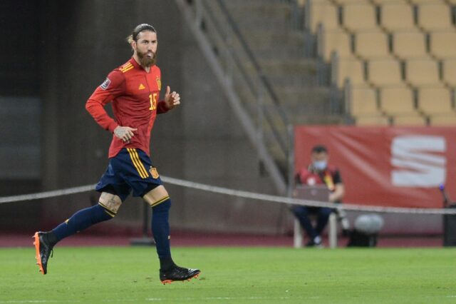 Sergio Ramos runs onto the field as an 86th minute substitute to win his last Spain cap ag
