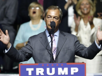 Nigel Farage, ex-leader of the British UKIP party, speaks at Republican presidential candidate Donald Trump's campaign rally in Jackson, Miss., Wednesday, Aug. 24, 2016. (AP Photo/Gerald Herbert)