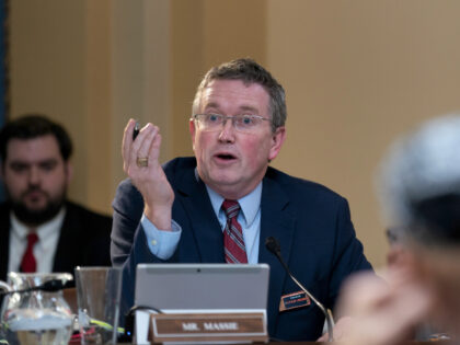 Rep. Thomas Massie, R-Ky., makes a point in the House Rules Committee as Republicans advance a bill to disapprove of action by the District of Columbia Council on a local voting rights act and a criminal code revision, at the Capitol in Washington, Monday, Feb. 6, 2023. (AP Photo/J. Scott …