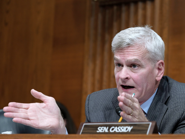 Sen. Bill Cassidy, R-LA, poses a question during a Senate hearing examining community health centers, Thursday, March 2, 2023, on Capitol Hill in Washington.  (AP Photo/Mariam Zohaib)