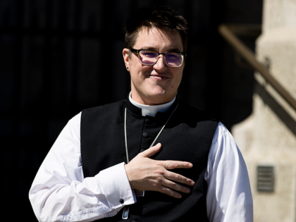 Bishop Megan Rohrer speaks to the press before their installation ceremony at Grace Cathedral in San Francisco, Saturday, Sept. 11, 2021. Rohrer, who resigned last June less than a year after his election as the first openly transgender bishop in the Evangelical Lutheran Church in America, filed a lawsuit, Wednesday, …