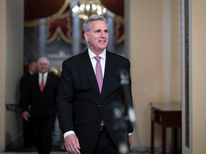 Speaker of the House Kevin McCarthy (R-CA) arrives to talk to reporters after the House pa