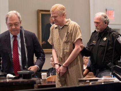 Alex Murdaugh sentenced to life in prison after conviction in double murder trial during his sentencing at the Colleton County Courthouse in Walterboro, S.C., on Friday, March 3, 2023 after he was found guilty on all four counts. (Andrew J. Whitaker/The Post And Courier via AP, Pool)
