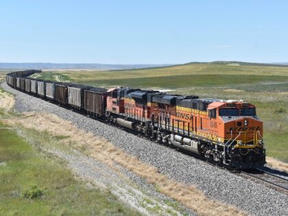 A BNSF railroad train hauling carloads of coal from the Powder River Basin of Montana and Wyoming is seen east of Hardin, Mont., on July 15, 2020. The head of the nation's largest railroad union says the report designed to help resolve stalled contract talks with freight railroads didn't do …