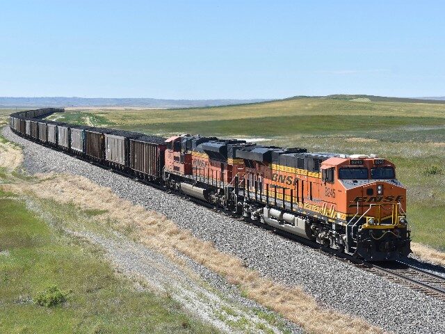 A BNSF railroad train hauling carloads of coal from the Powder River Basin of Montana and