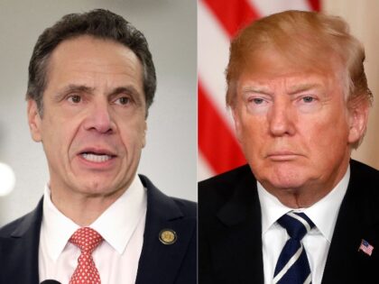 This combination of two file photos shows New York Gov. Andrew Cuomo on Feb. 14, 2019, and President Donald Trump on April 17, 2018. New York's Democratic governor told reporters Wednesday, Feb. 26, 2020, that the Republican president is punishing blue states, including New York, over their politics as the …
