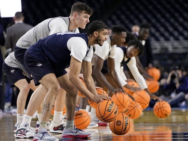 Connecticut guard Andre Jackson Jr. practices for their Final Four college basketball game