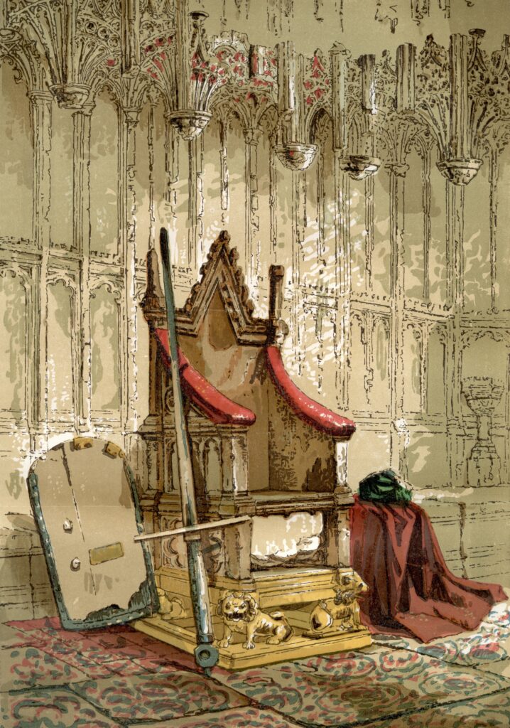 The Coronation Chair, Westminster Abbey, City of Westminster, London, England. Here seen with the Stone of Scone which was returned to Scotland in 1996. From Old England: A Pictorial Museum, published 1847.(Photo by: Universal History Archive/Universal Images Group via Getty Images)