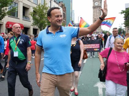 Leo Varadkar, prime minister of Ireland, joins members of the Lesbian, Gay, Bisexual and Transgender (LGBT) community taking part in the Belfast Pride Parade 2019 in Belfast, Northern Ireland on August 3, 2019. - Northern Ireland's LGBT community take to the streets of Belfast in Pride celebrations buoyed by the …