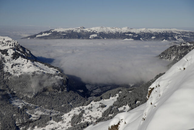 Clouds in the valley at the Kleine Scheidegg ski resort in Grindelwald, Switzerland, on Th