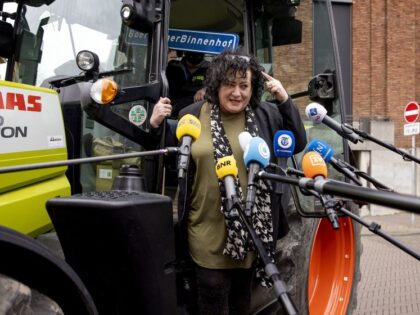 Party leader Caroline van der Plas of the BoerBurgerBeweging (BBB) answers journalists' questions as he arrives in a tractor at the Binnenhof, the venue of Netherlands' parliament, in The Hague, on March 18, 2021, the day after the parliamentary elections. - Netherlands OUT (Photo by Remko de Waal / ANP …