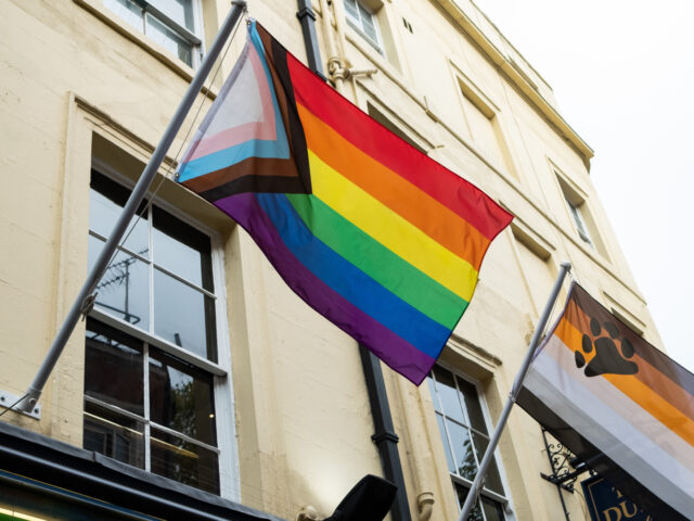 A Progress Pride flag and a Bear flag are pictured above a Soho street on 12 November 2022
