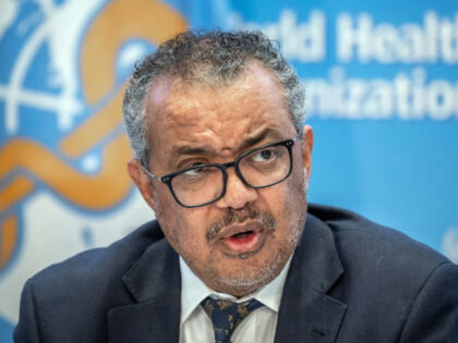 WHO Director-General Tedros Adhanom Ghebreyesus addresses during a press conference at the