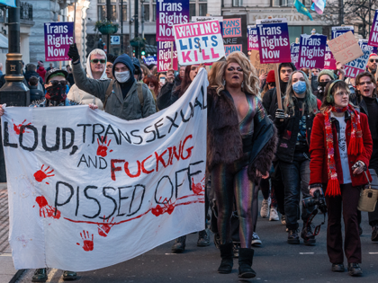 Trans rights activists march through central London after a protest outside Downing Street on 21 January 2023 in London, United Kingdom. The protest was organised by London Trans Pride following the UK government's decision to use Section 35 of the Scotland Act to block Scotland's Gender Recognition Reform Bill which …
