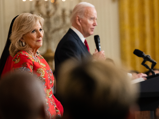 First Lady Dr. Jill Biden listens to President Joe Biden speaks at a Lunar New Years celebration at the White House on January 26th, 2023 in Washington, DC. (Photo by Nathan Posner/Anadolu Agency via Getty Images)
