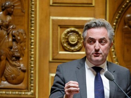 French senator Stephane Ravier speaks as he attends a debate on a draft law on the constitutionalisation of the right to abortion at the Senate in Paris, on February 1, 2023. (Photo by Ludovic MARIN / AFP) (Photo by LUDOVIC MARIN/AFP via Getty Images)