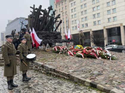 WARSAW, POLAND - FEBRUARY 24: Polish honor guard at Monument to the Fallen and Murdered in the East during an event to mark one year of Russia-Ukraine war, in Warsaw, Ukraine on February 24, 2023. (Photo by Murat Temizer/Anadolu Agency via Getty Images)