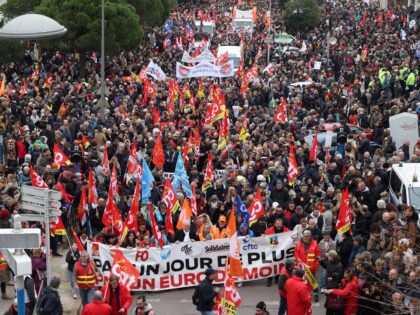 Protesters participate in a demonstration in Montpellier, southern France, on March 7, 2023, on the sixth day of nationwide rallies organized since the start of the year against French President's pension reform and its postponement of the legal retirement age from 62 to 64. - Massive strikes are expected from …