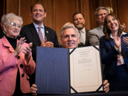 WASHINGTON, DC - MARCH 9: Speaker of the House Kevin McCarthy (R-CA) signs a resolution passed by the House and Senate that aims to block a Biden administration rule encouraging retirement managers to consider environmental, social and corporate governance (ESG) factors when making investment decisions, during a bill signing at the U.S. …