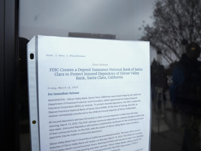 A press release posted outside the Silicon Valley Bank headquarters in Santa Clara, Califo