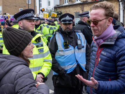 Laurence Fox (r), actor and leader of the Reclaim Party, is pictured at a protest by right-wing nonprofit organisation Turning Point UK against a Drag Queen Story Time event which they believed had been scheduled to take place at the Great Exhibition pub in East Dulwich on 10 March 2023 …