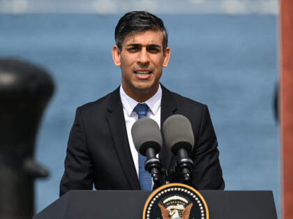 SAN DIEGO, CA - MARCH 13: Prime Minister Rishi Sunak speaks during on Australia â United Kingdom â United States (AUKUS) Partnership meeting as U.S. President Joe Biden hosts and Prime Minister Anthony Albanese of Australia participates at Naval Base Point Loma in San Diego, California, United States on March, …