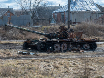 KHARKIV REGION, UKRAINE â MARCH 13: Burned tank in the village of Tsupivka in the north o