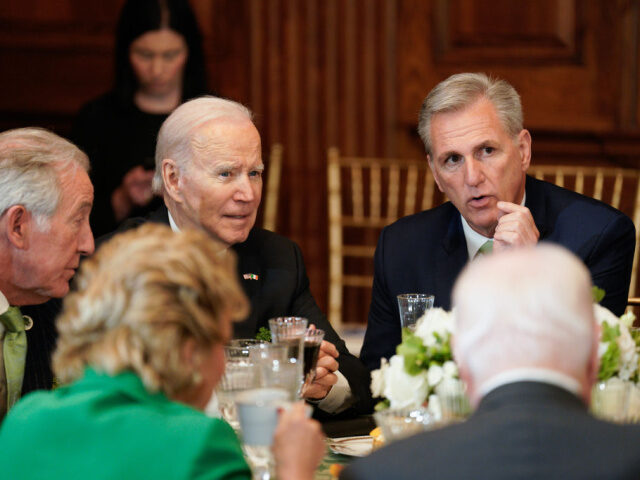 US President Joe Biden, center left, and US House Speaker Kevin McCarthy, a Republican fro