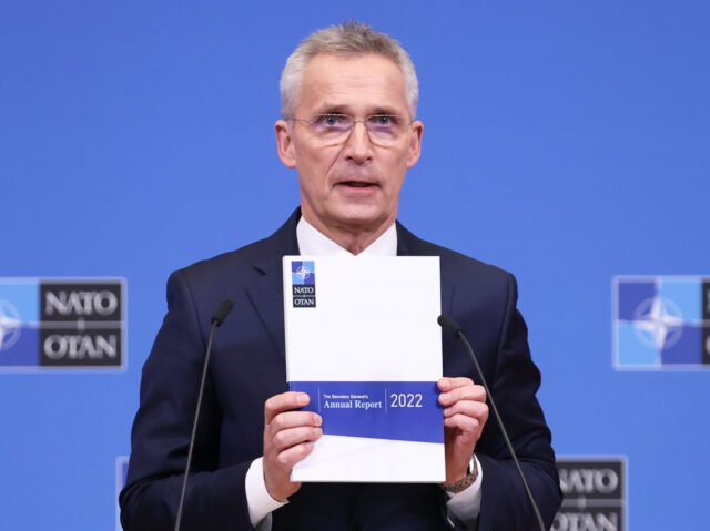 BRUSSELS, BELGIUM - MARCH 21: NATO Secretary General Jens Stoltenberg gives a press conference on Annual Report of 2022 at NATO Headquarters in Brussels, Belgium on March 21, 2023. (Photo by Dursun Aydemir/Anadolu Agency via Getty Images)