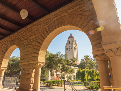 A general view of Hoover Tower through the arches of the Main Quadrangle on the campus of Stanford University before a college football game against the Oregon Ducks on October 2, 2021 played at Stanford Stadium in Palo Alto, California. (Photo by David Madison/Getty Images)