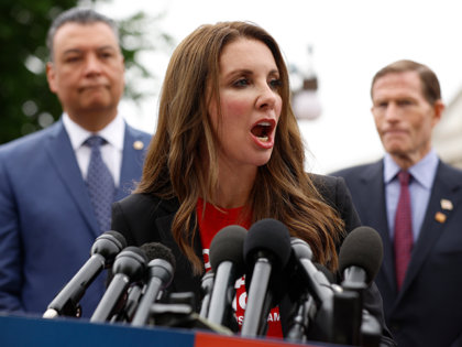 Shannon Watts, founder of Moms Demand Action, leads a news conference with Senate Democrats and other gun control advocacy groups outside the U.S. Capitol on May 26, 2022 in Washington, DC. Organized by Moms Demand Action, Everytown for Gun Safety and Students Demand Action, the rally brought together members of …