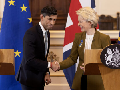 WINDSOR, ENGLAND - FEBRUARY 27: UK Prime Minister Rishi Sunak and EU Commission President Ursula von der Leyen shake hands as they hold a press conference at Windsor Guildhall on February 27, 2023 in Windsor, England. EU President Ursula Von Der Leyen travelled to the UK today to meet UK …