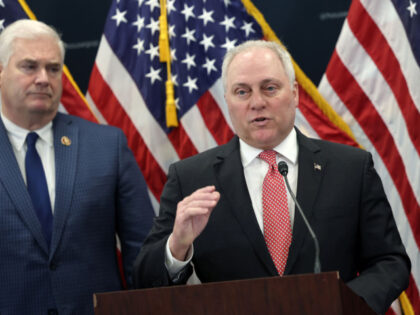 WASHINGTON, DC - MARCH 28: U.S. House Majority Leader Steve Scalise (R-LA) speaks at a press conference following a House Republican meeting at the U.S. Capitol on March 28, 2023 in Washington, DC. The Republicans met to discuss their new energy plan which would increase domestic energy production and eases …