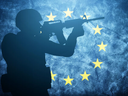 Soldier silhouette on grunge European Union flag. Army, military of Europe concept.
