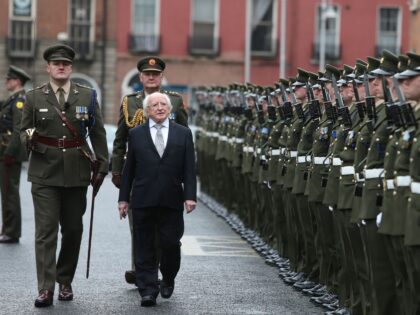 President Michael D Higgins inspects troops during a State Ceremony to mark the centenary of the founding of the Irish Volunteers, Oglaigh na hEireann at the Garden of Remembrance in Dublin. (Photo by Niall Carson/PA Images via Getty Images)