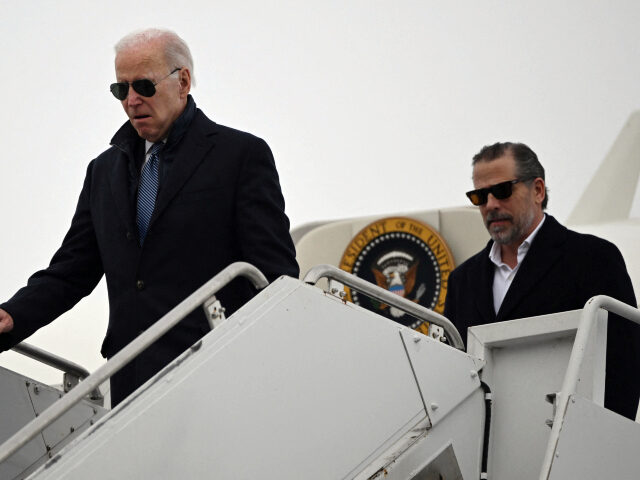 US President Joe Biden, with son Hunter Biden, arrives at Hancock Field Air National Guard Base in Syracuse, New York, on February 4, 2023. (Photo by ANDREW CABALLERO-REYNOLDS / AFP) (Photo by ANDREW CABALLERO-REYNOLDS/AFP via Getty Images)