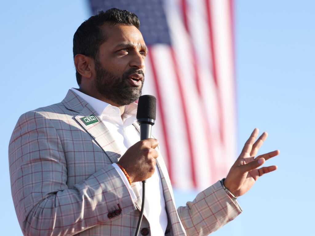 MINDEN, NEVADA - OCTOBER 08: Former Chief of Staff to the Department of Defense Kash Patel speaks during a campaign rally at Minden-Tahoe Airport on October 08, 2022 in Minden, Nevada. Former U.S. President Donald Trump held a campaign style rally for Nevada GOP candidates ahead of the state's midterm election on November 8th. (Photo by Justin Sullivan/Getty Images)