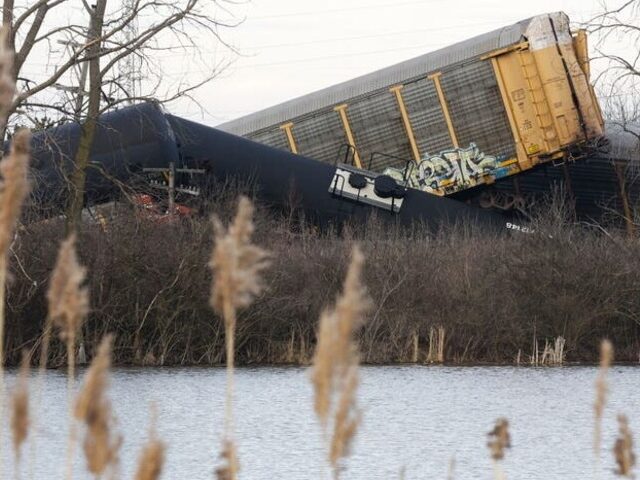 Multiple cars of a Norfolk Southern train lie on the ground after derailing in Ohio (Bill