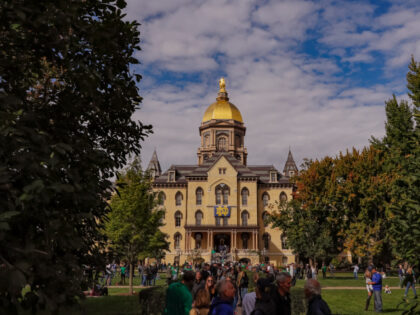 SOUTH BEND, IN - SEPTEMBER 29: General view of the Main Administration Building and Golden Dome are seen on the campus of Notre Dame University before the Notre Dame Fighting Irish versus Stanford Cardinal game at Notre Dame Stadium on September 29, 2018 in South Bend, Indiana. (Photo by Michael …