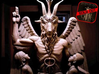 The Satanic Temple’s bronze Baphomet (The Satanic Temple/AP) // Inset: SatanCon 2023 is