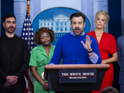 Actor Jason Sudeikis speaks during a news conference in the James S. Brady Press Briefing Room at the White House in Washington, DC, US, on Monday, March 20, 2023. The cast of “Ted Lasso” is meeting with President Biden and the First Lady to discuss the importance of addressing your …