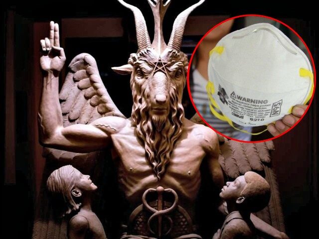 The Satanic Temple (AP) // Inset: A store attendant holds an N-95 mask over a box of dispo