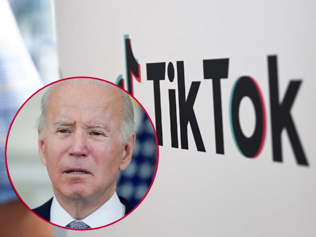 TikTok logo (Jens Kalaene/picture alliance via Getty Images) // Inset: President Joe Biden speaks about the 2021 jobs report in the State Dining Room of the White House, Friday, Jan. 7, 2022, in Washington. (AP Photo/Alex Brandon)